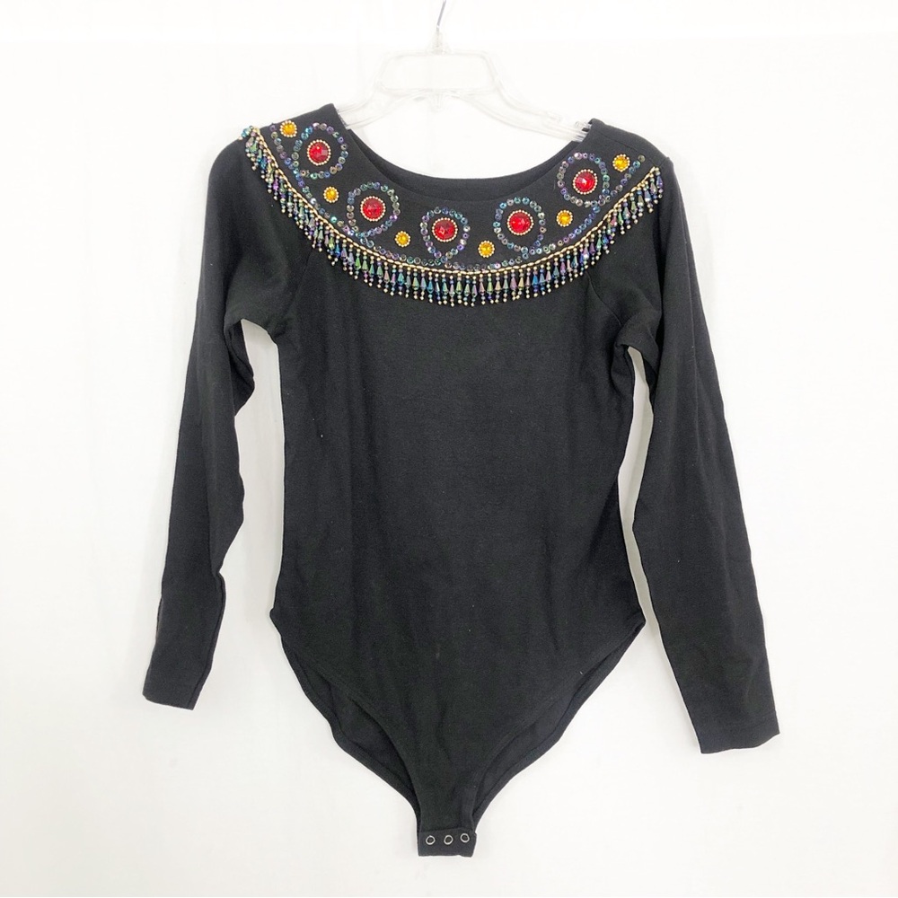 NEW Bonnie Evans Vintage Y2K Embellished Bodysuit, Size Large, Black
